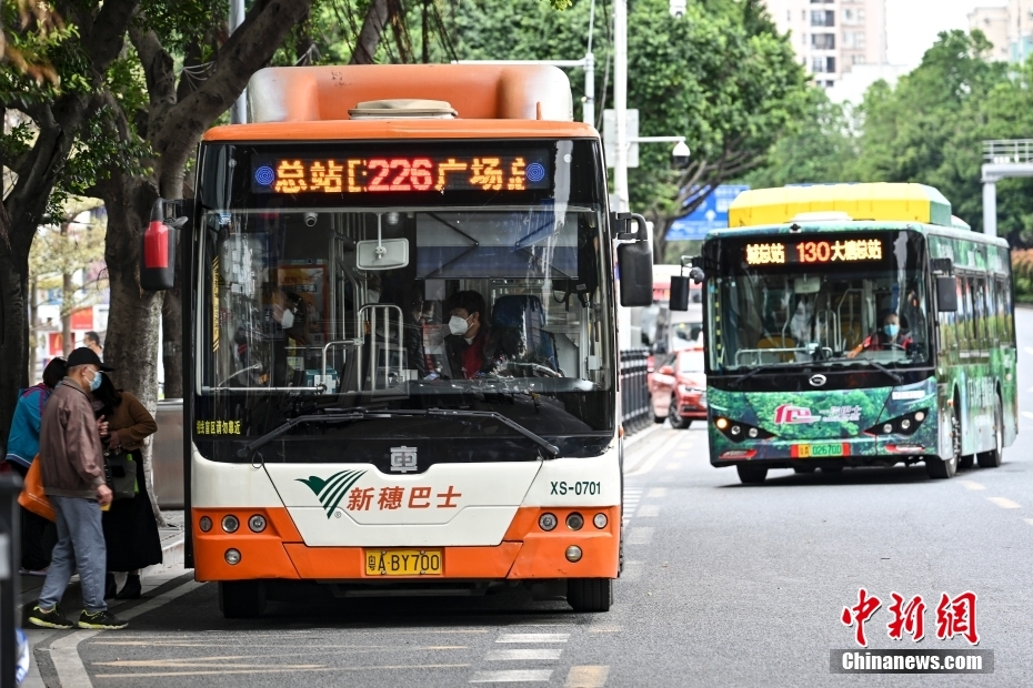 12月1日，廣東省廣州市海珠區(qū)，公交車有序進站。中新社記者 陳驥旻 攝 